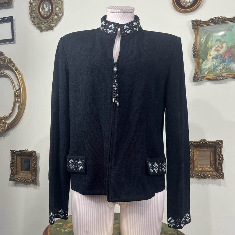Vintage St. John Black Knit Jacket with Jeweled Collar & Rhinestone Zip